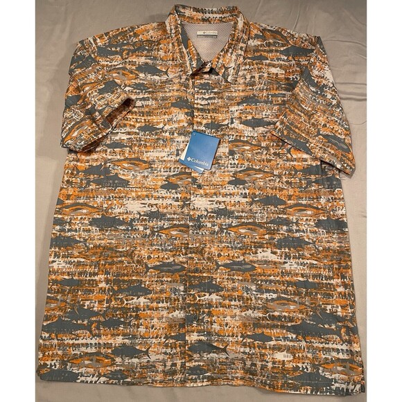 Columbia Shirt Men Size L Orange & Gray Fish Pattern PFG Button Up Fishing Shirt - Picture 1 of 10